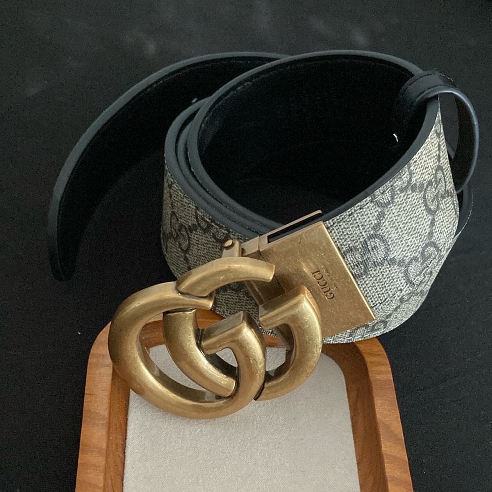 Gucci Men's Beige GG Monogram Leather Belt with Gold Double G Buckle